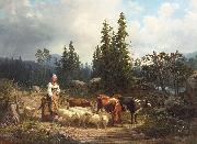 Nils Andersson Vallflicka med hjord i landskap oil painting